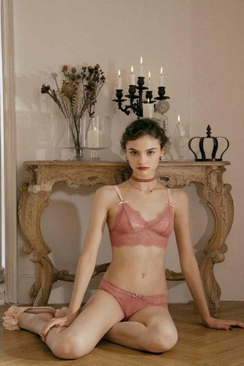 Floral French Lace Ultra-thin Wire Free Bra Underwear Set - Pink - TGC Boutique - Pink Lingerie