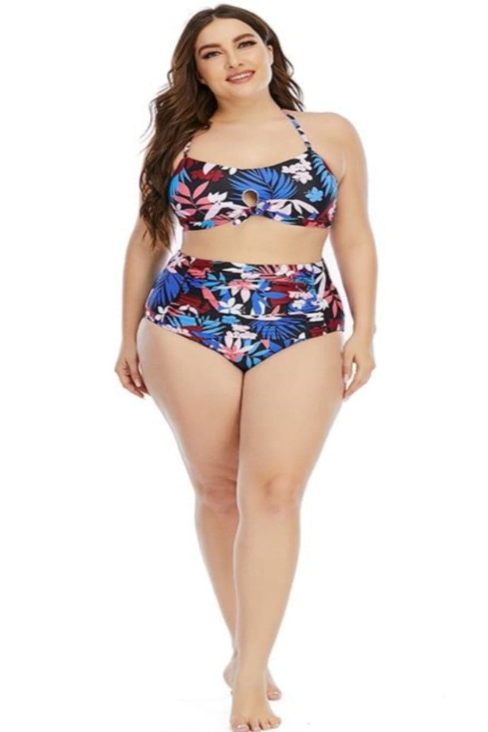 Floral Leaf Print Plus size High Waist Bikini Swimsuit - TGC Boutique - Plus Size Swimsuit