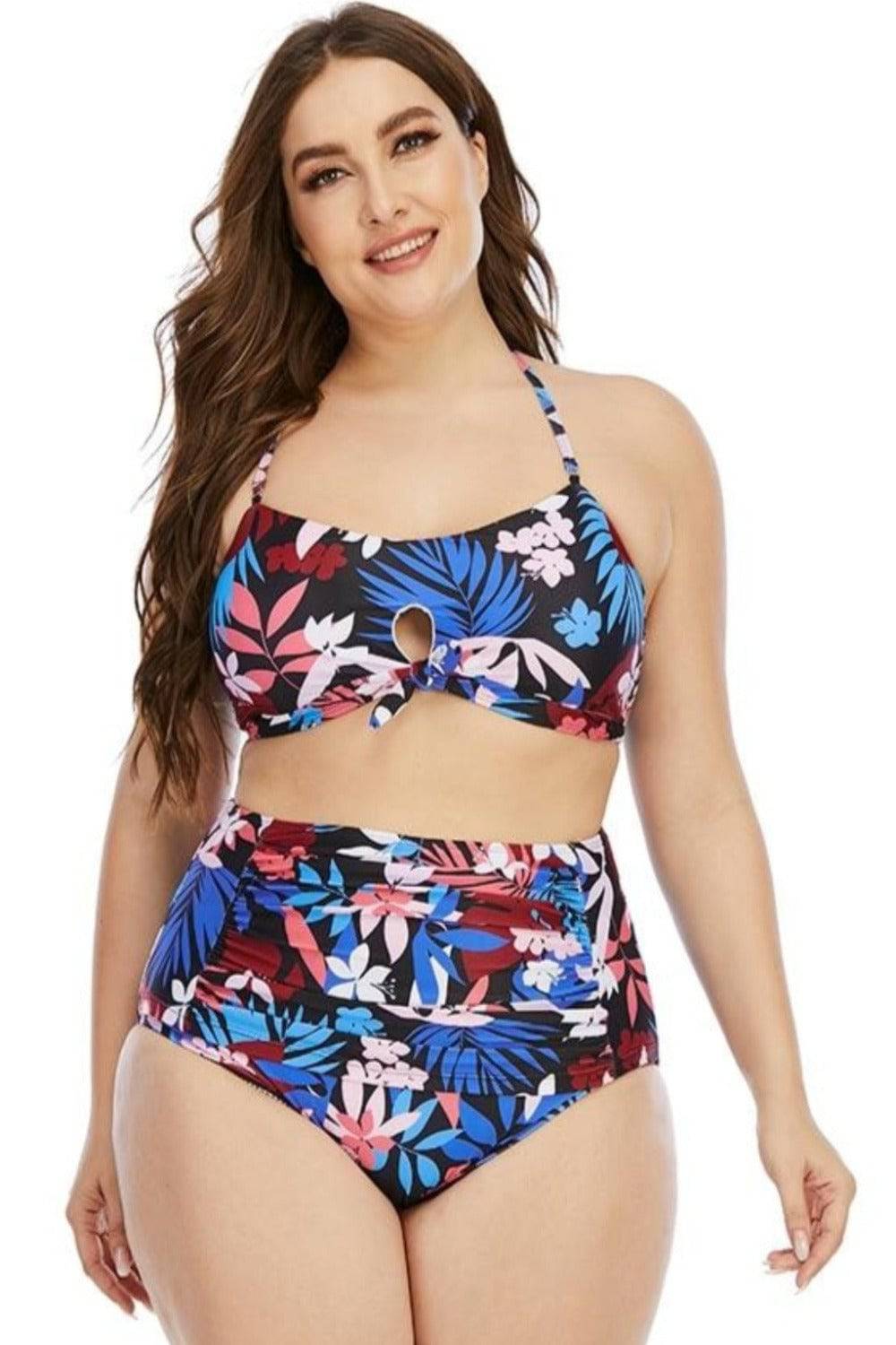 Floral Leaf Print Plus size High Waist Bikini Swimsuit - TGC Boutique - Plus Size Swimsuit