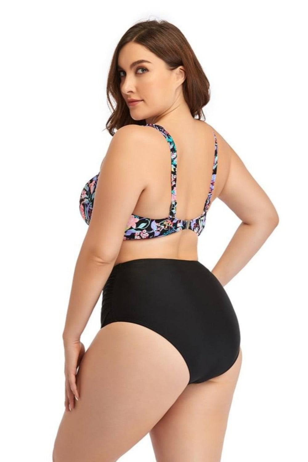 Floral Two-Piece Plus Size Bikini High Waist Tummy Control Push Up Bra Swimsuit - TGC Boutique - Plus Size Swimsuit