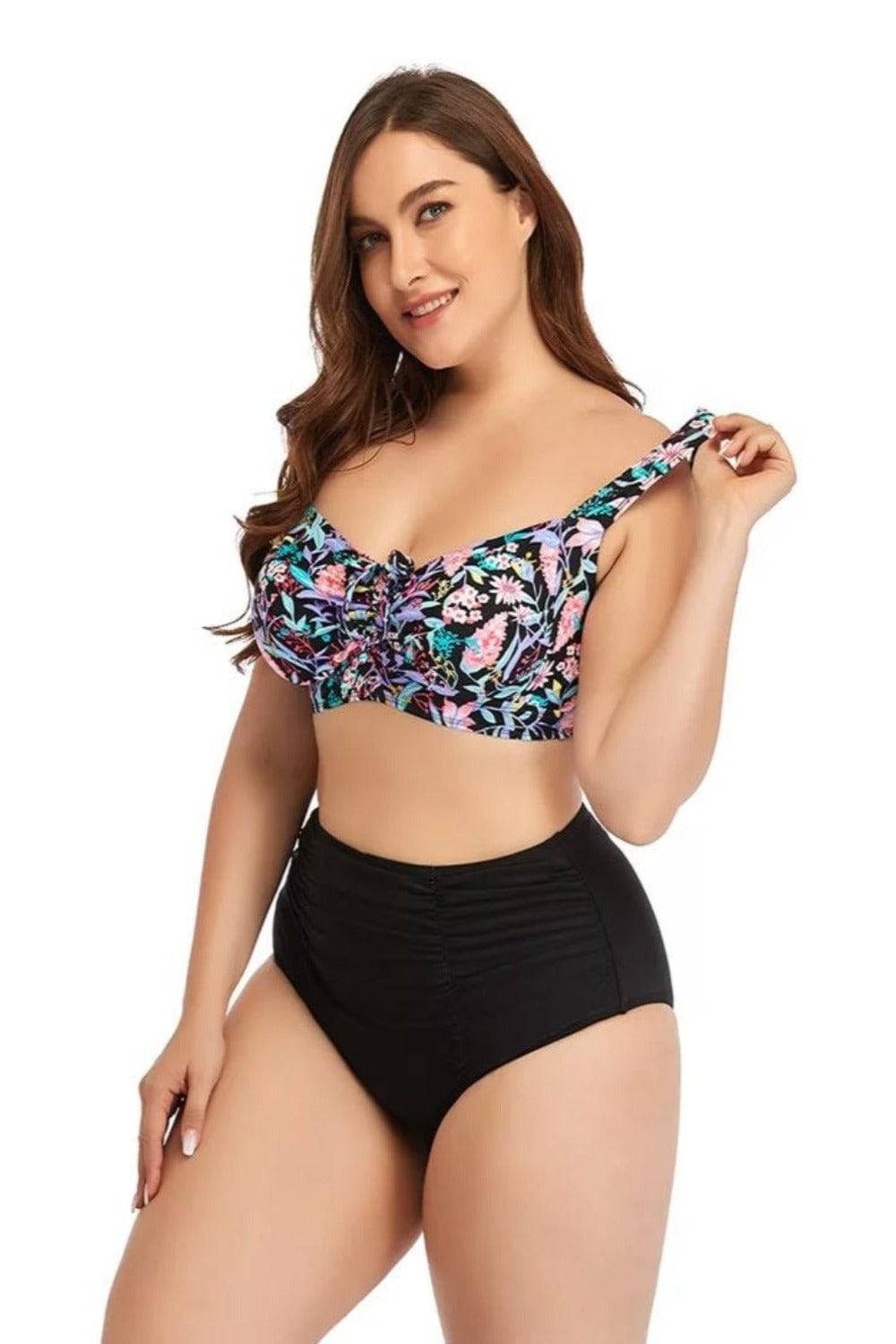 Floral Two-Piece Plus Size Bikini High Waist Tummy Control Push Up Bra Swimsuit - TGC Boutique - Plus Size Swimsuit