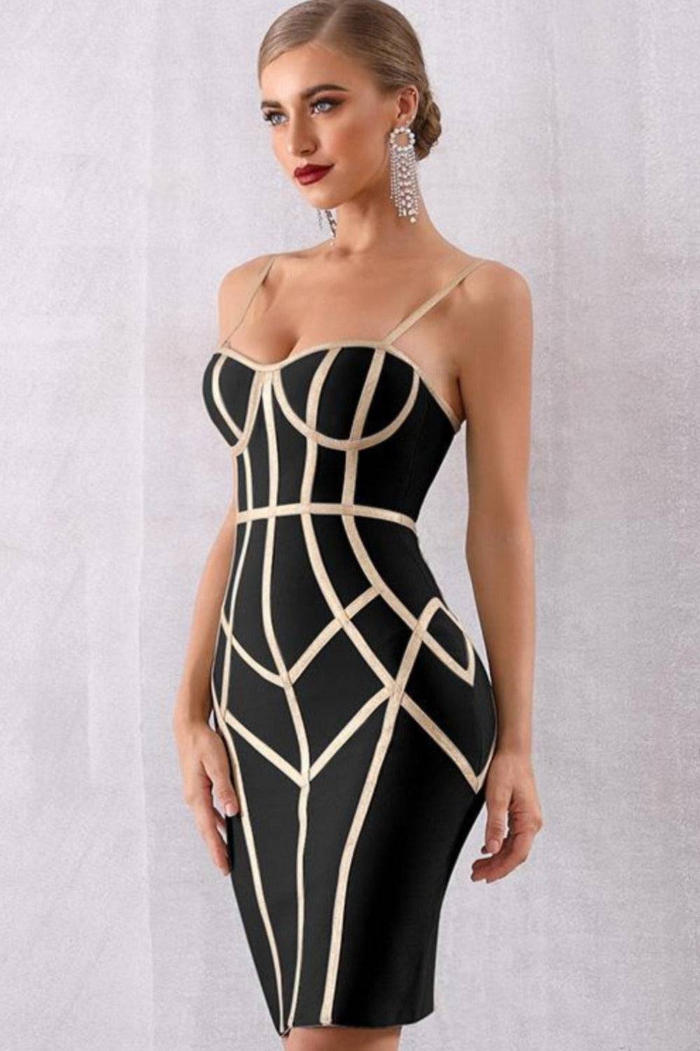 Geometric Body Contour Bandage Bodycon Midi Dress - TGC Boutique - Bodycon Dress