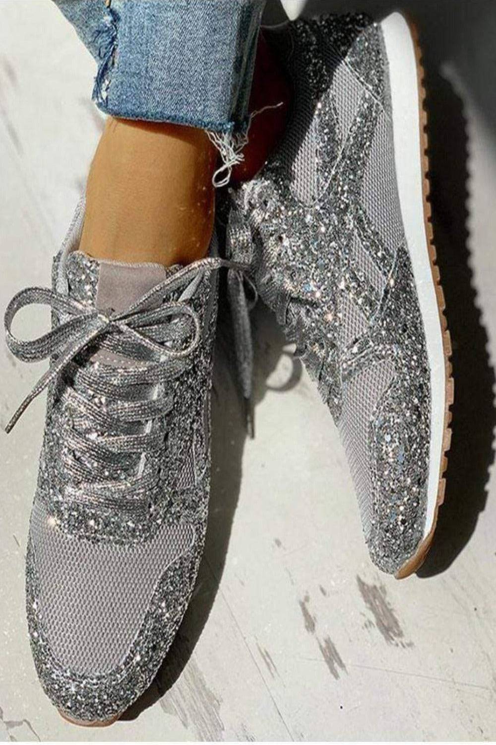Glitter Me Up Flat Sparkly Lace Up Sneakers - TGC Boutique - Shoes
