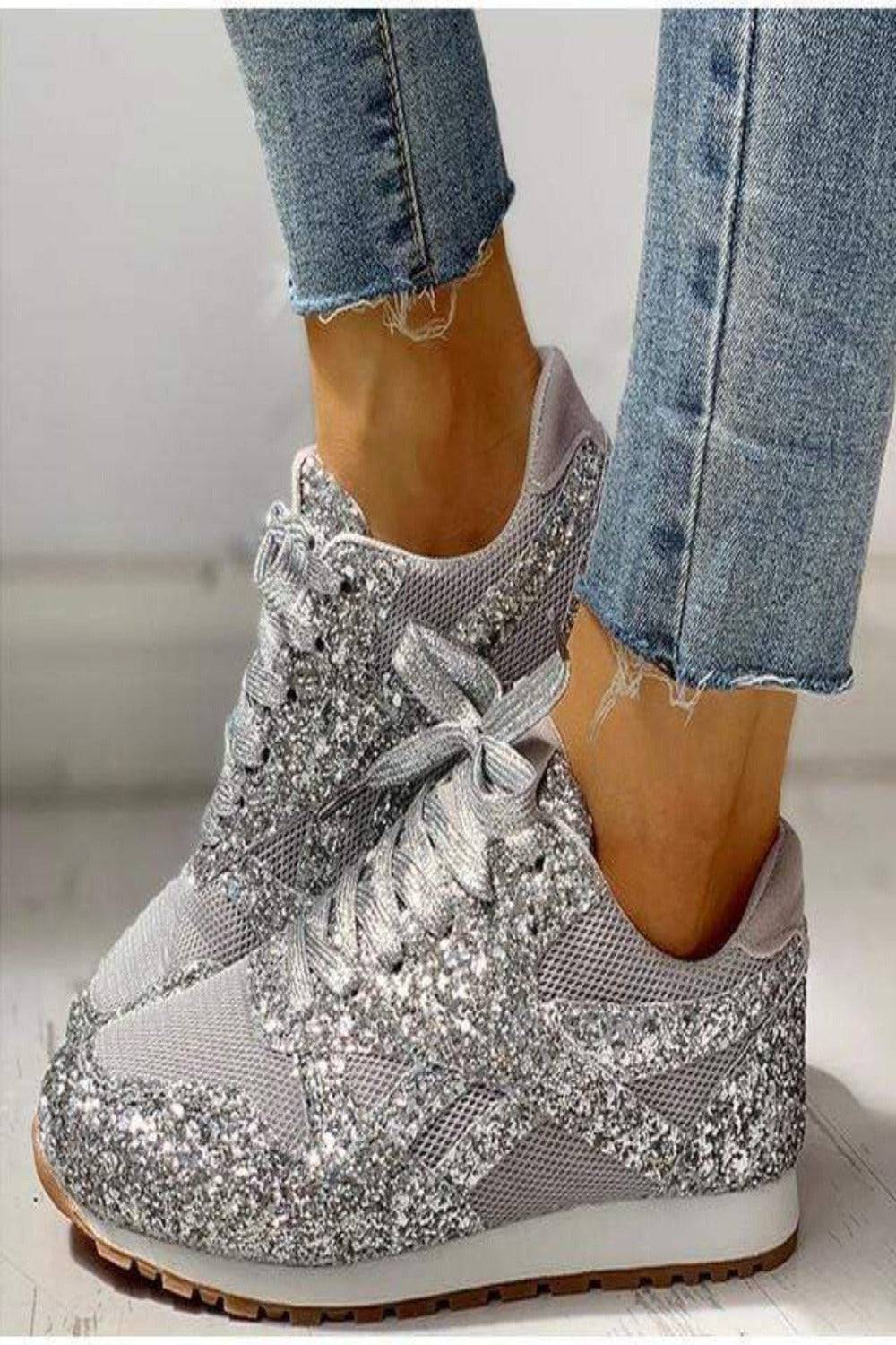Glitter Me Up Flat Sparkly Lace Up Sneakers - TGC Boutique - Shoes