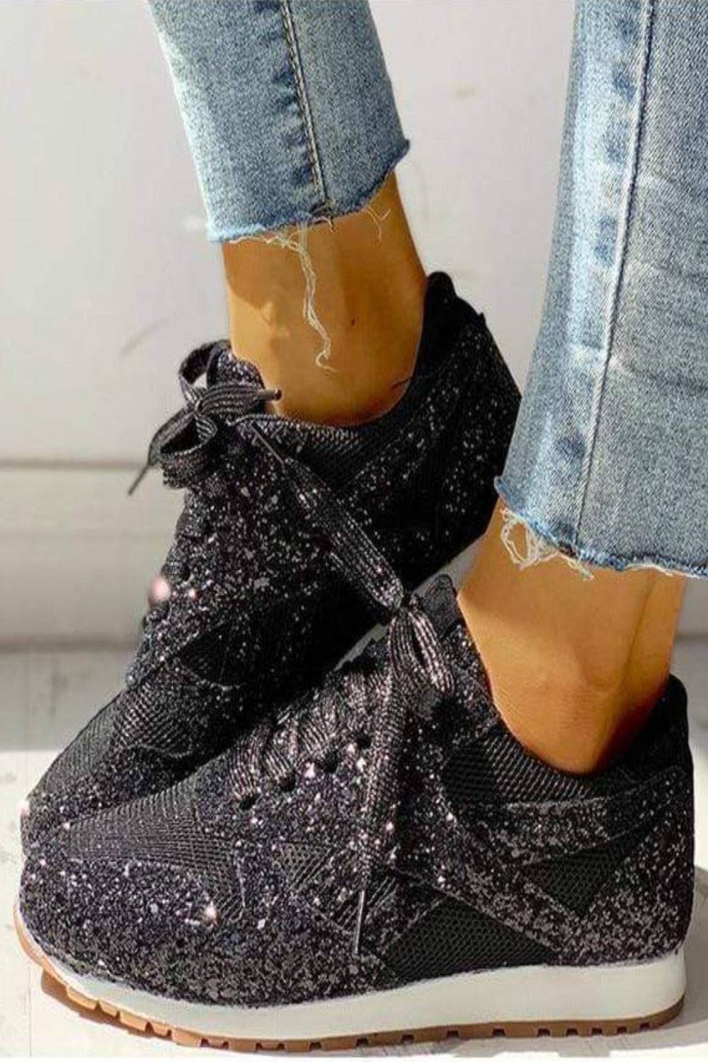 Glitter Me Up Flat Sparkly Lace Up Sneakers - TGC Boutique - Shoes