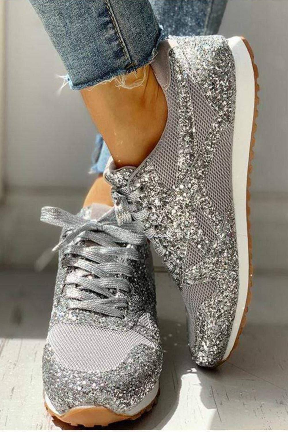 Glitter Me Up Flat Sparkly Lace Up Sneakers - TGC Boutique - Shoes