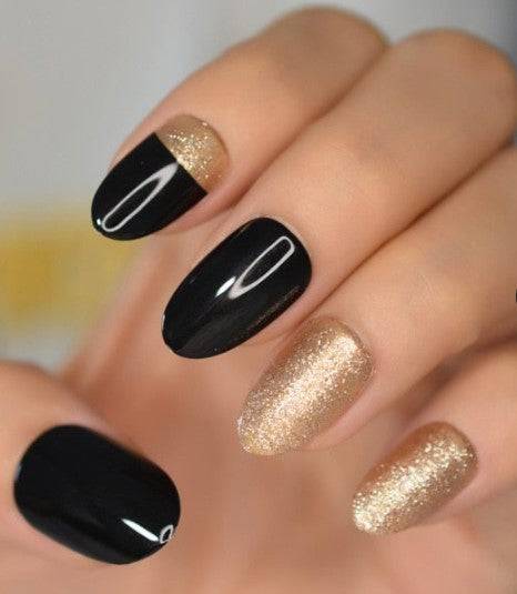 Glossy Black And Gold Glitter Almond Tip Press On Nails Kit - TGC Boutique - Press On Nails