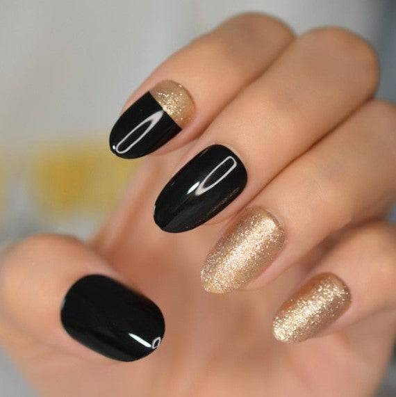 Glossy Black And Gold Glitter Almond Tip Press On Nails Kit - TGC Boutique - Press On Nails