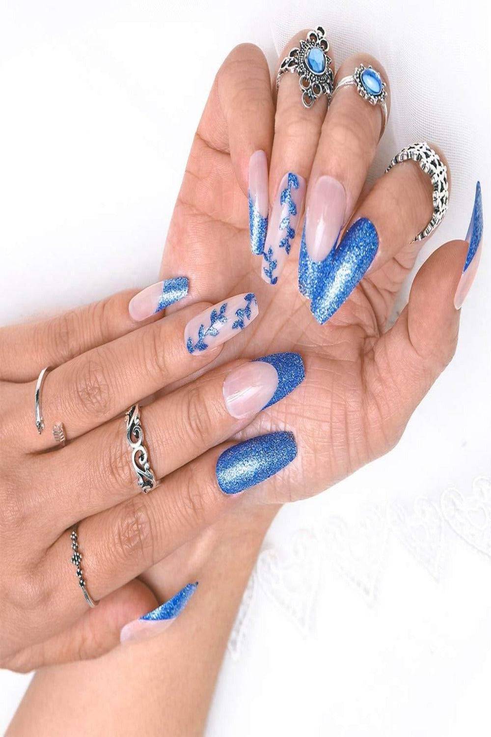 Glossy Blue Glitter French Tip Coffin Press On Nails - TGC Boutique - Press On Nails