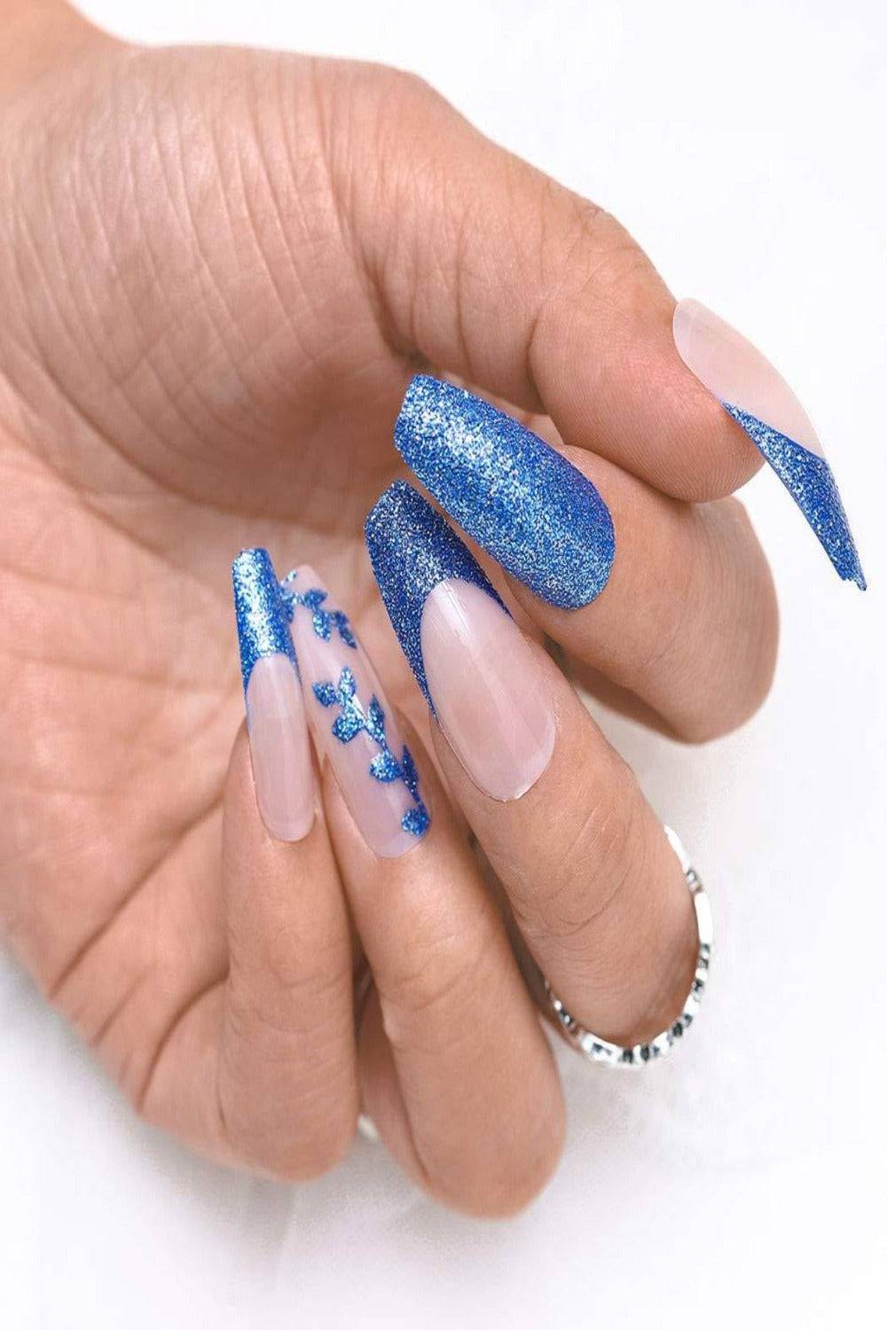 Glossy Blue Glitter French Tip Coffin Press On Nails - TGC Boutique - Press On Nails