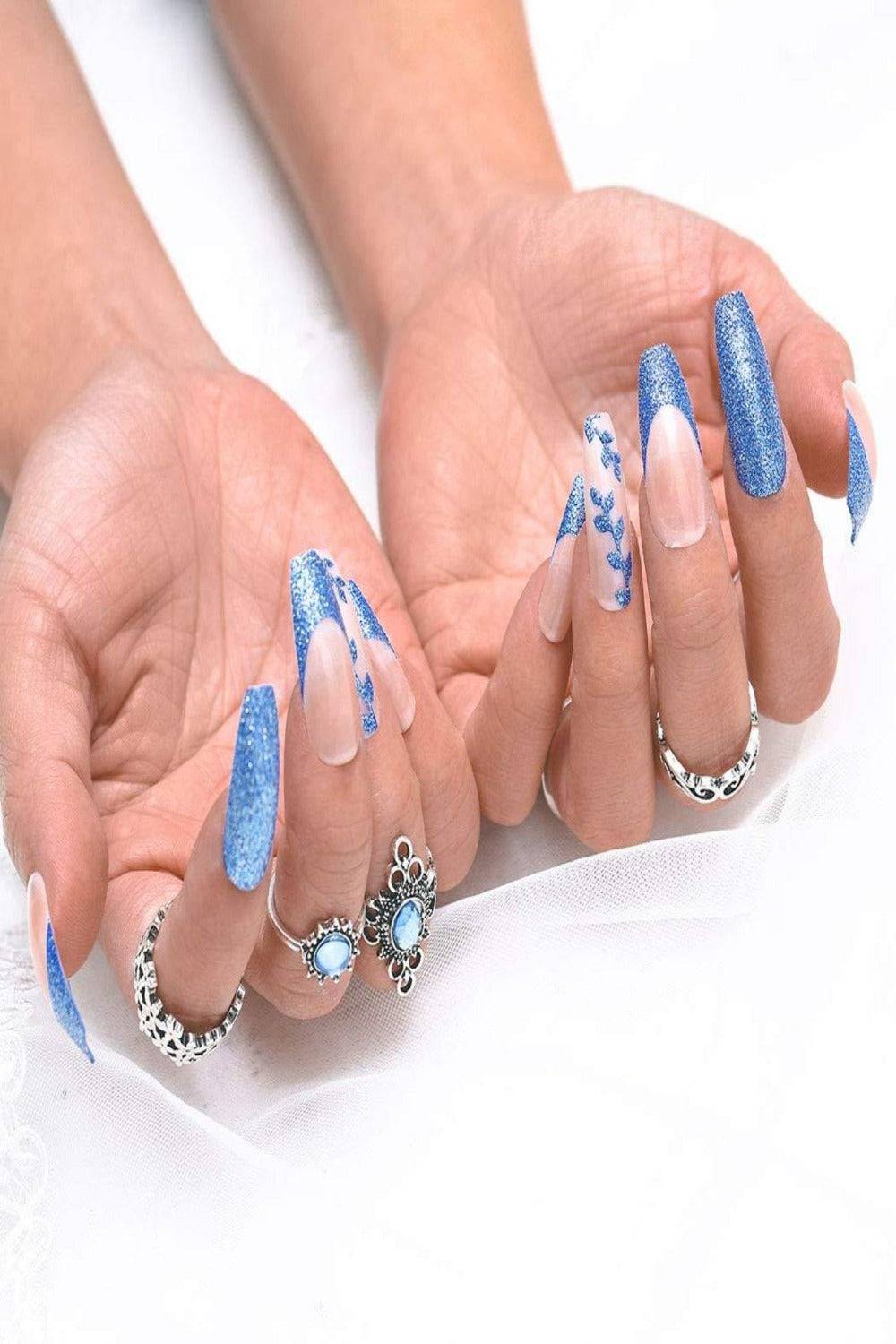 Glossy Blue Glitter French Tip Coffin Press On Nails - TGC Boutique - Press On Nails