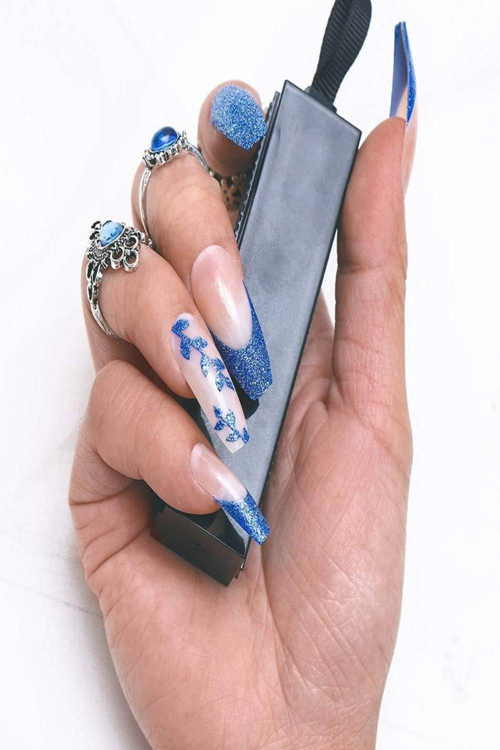 Glossy Blue Glitter French Tip Coffin Press On Nails - TGC Boutique - Press On Nails