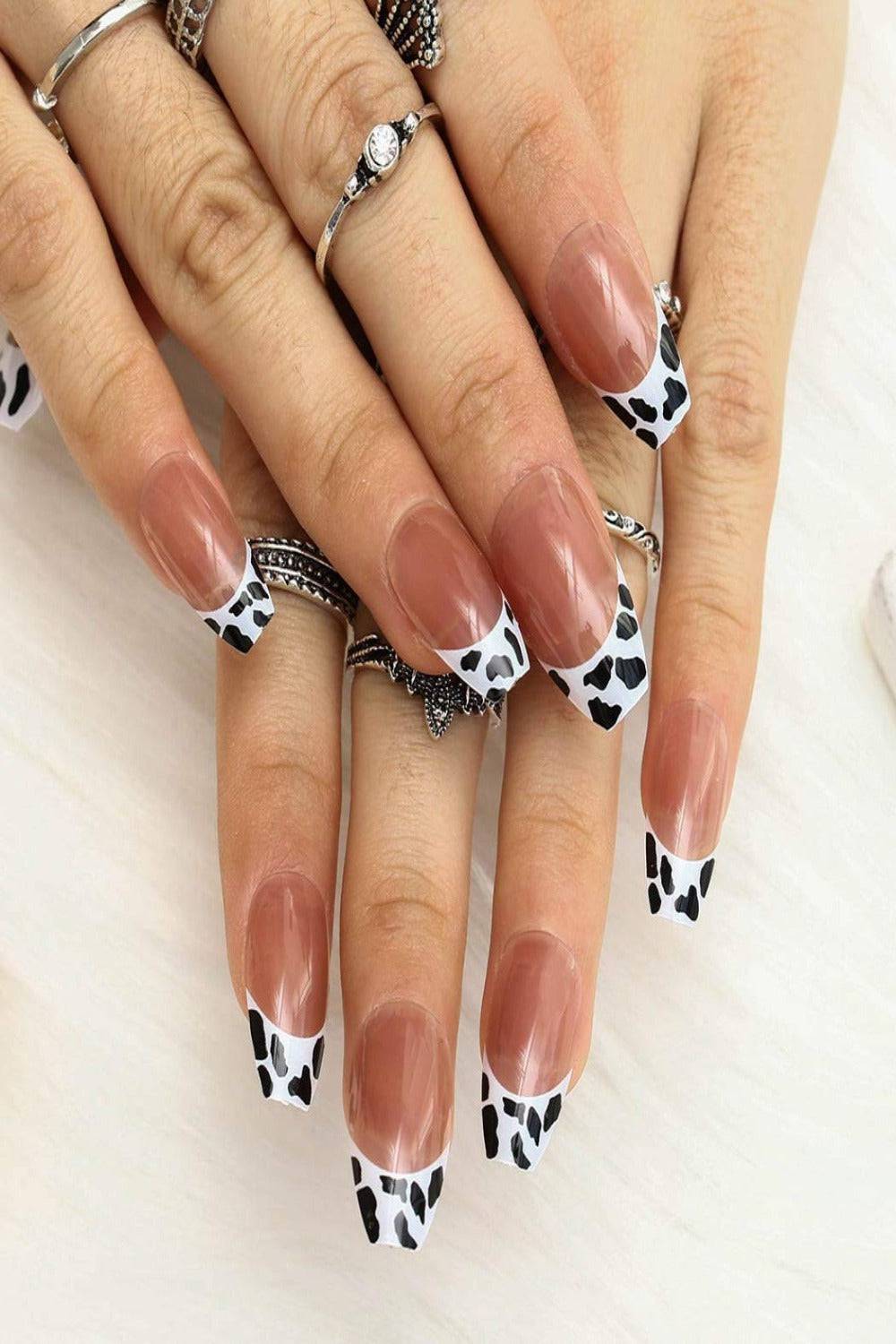 Glossy Leopard Cow Print Almond French Tip Press On Nails - TGC Boutique - Press On Nails