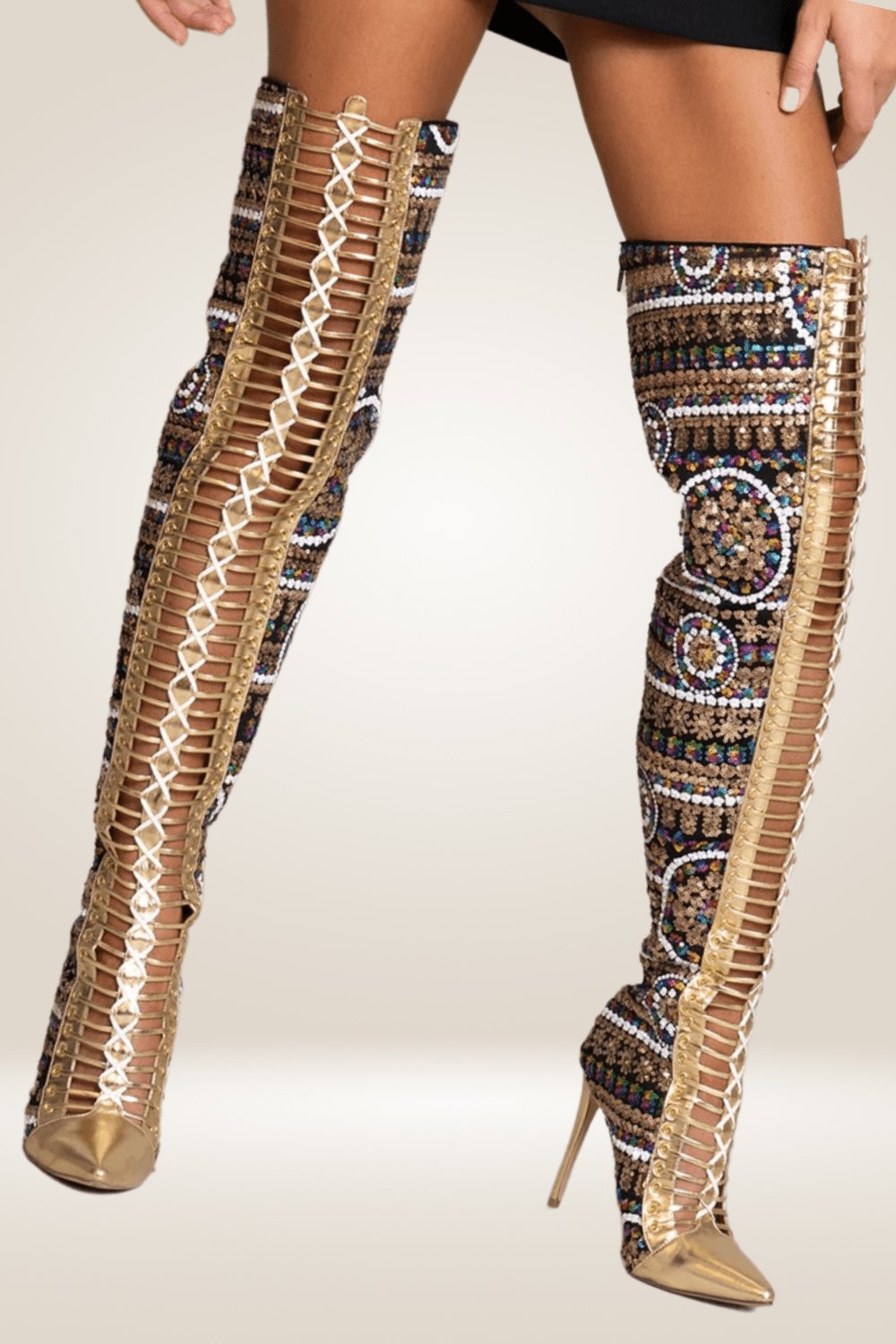 Gold Beaded Over The Knee Boots - TGC Boutique - Boots