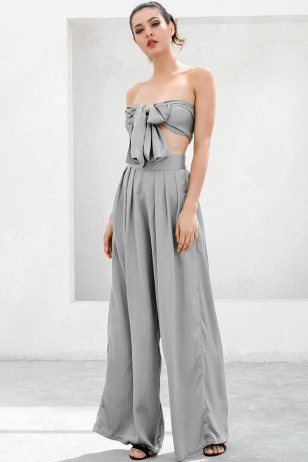 Gray Strapless Tie Front High Waist Jumpsuit Pants Set - TGC Boutique - 2 Piece Set