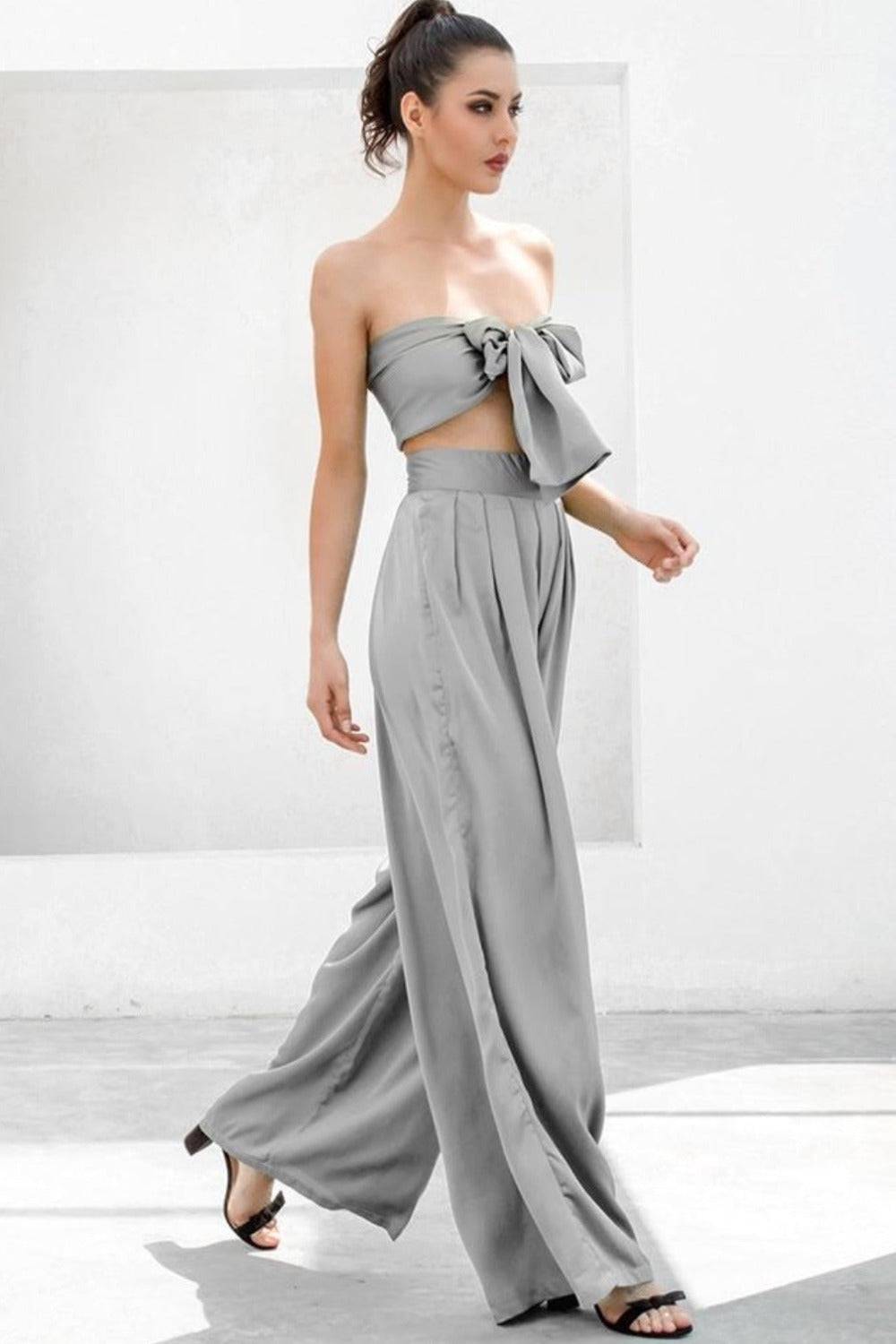 Gray Strapless Tie Front High Waist Jumpsuit Pants Set - TGC Boutique - 2 Piece Set