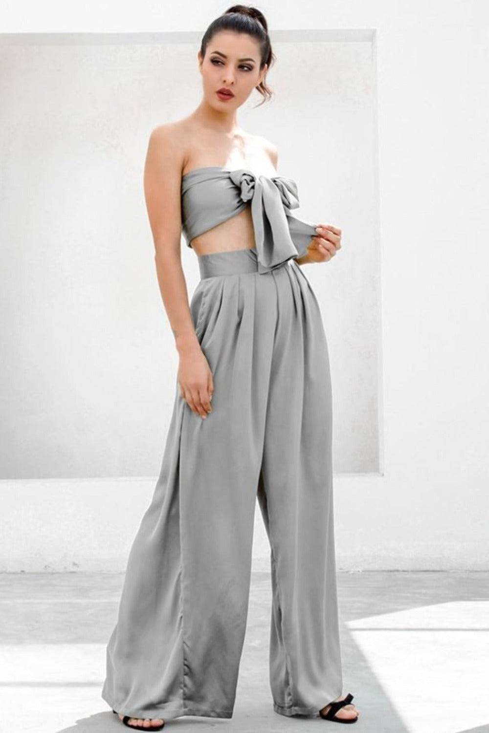 Gray Strapless Tie Front High Waist Jumpsuit Pants Set - TGC Boutique - 2 Piece Set