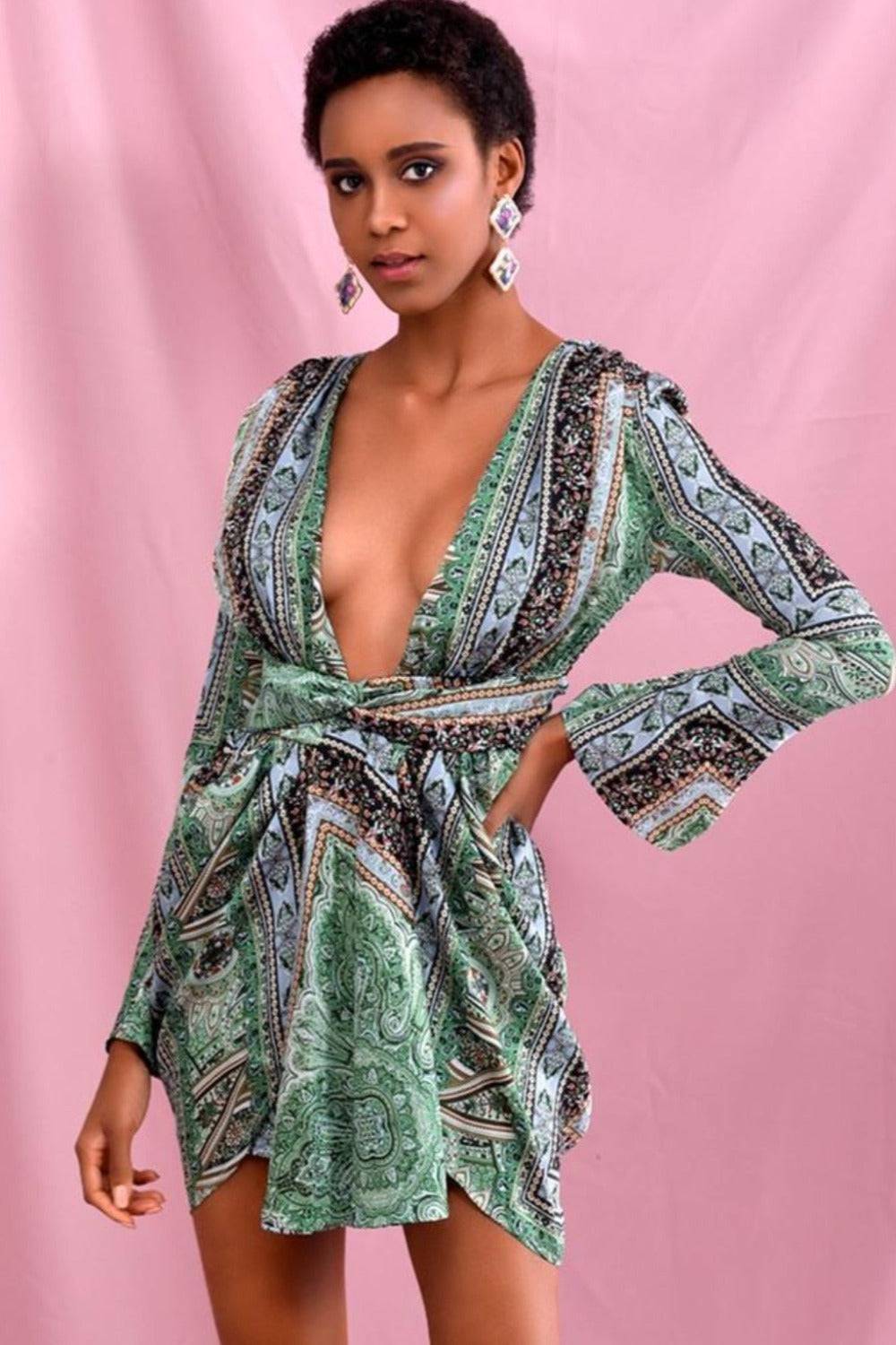 Green Vintage Versace Print Mini Dress - TGC Boutique - Green Bodycon Mini Dress