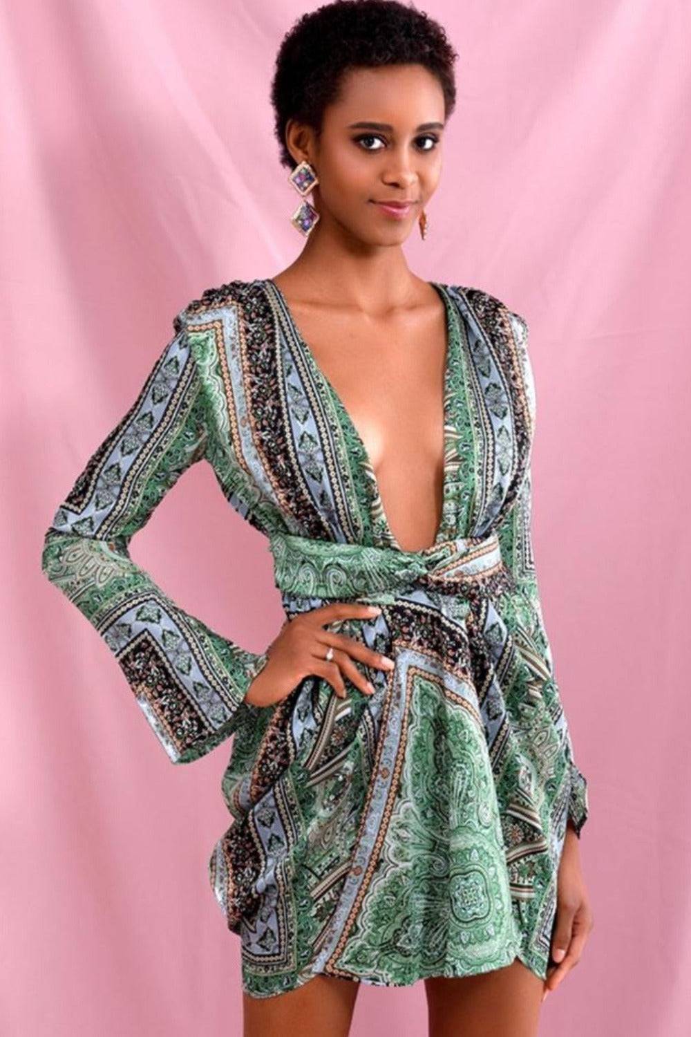 Green Vintage Versace Print Mini Dress - TGC Boutique - Green Bodycon Mini Dress