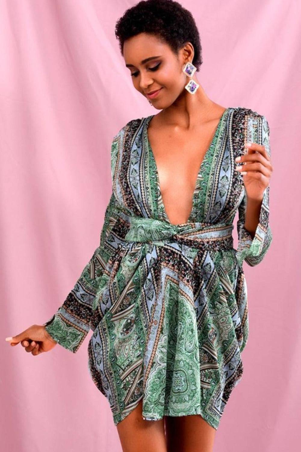 Green Vintage Versace Print Mini Dress - TGC Boutique - Green Bodycon Mini Dress