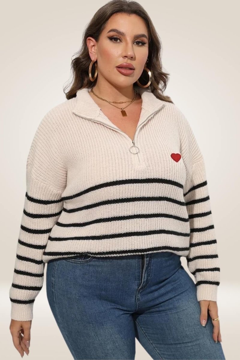 Half Zipper Collar Nude Striped Plus Size Sweater - TGC Boutique - Sweater