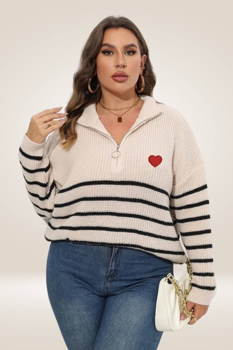 Half Zipper Collar Nude Striped Plus Size Sweater - TGC Boutique - Sweater