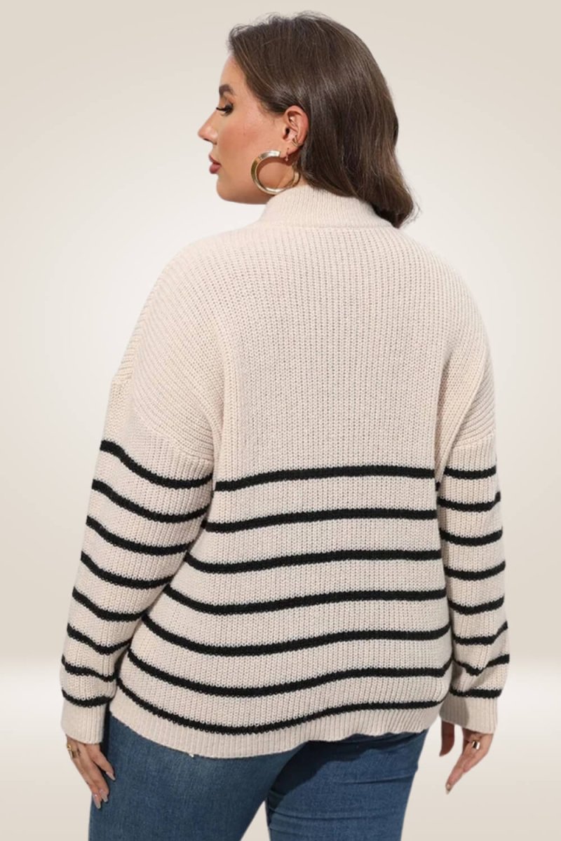 Half Zipper Collar Nude Striped Plus Size Sweater - TGC Boutique - Sweater