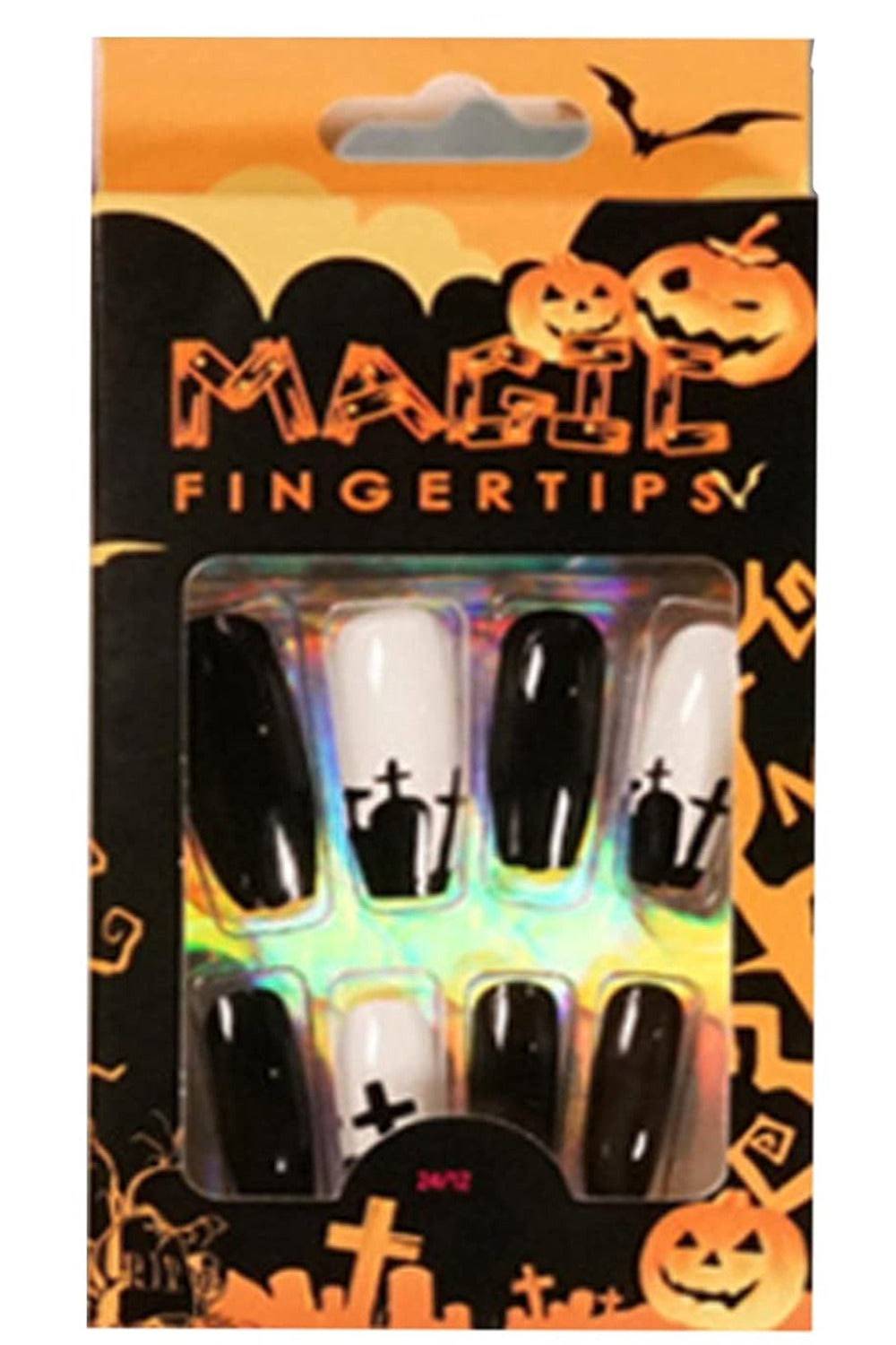 Halloween Black & White Cross Graveyard Coffin Tip Press On Nails Kit - TGC Boutique - Halloween Press On Nails