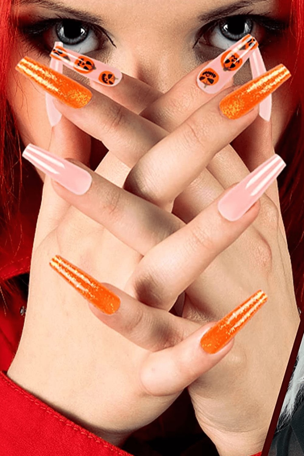 Halloween Press On Nails Orange & Pink Glitter Pumpkin Coffin Tip Nail Kit - TGC Boutique - Halloween Press On Nails