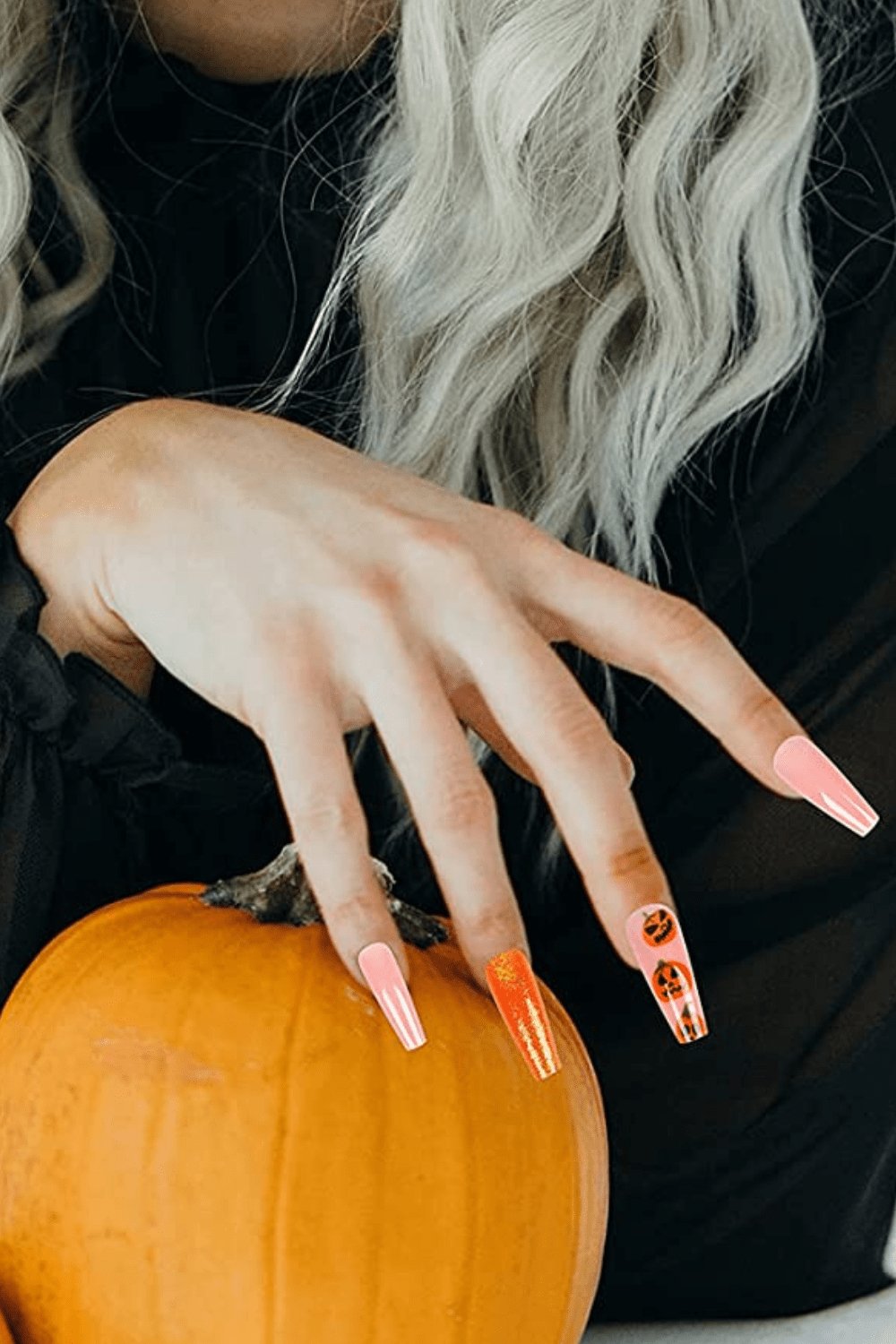 Halloween Press On Nails Orange & Pink Glitter Pumpkin Coffin Tip Nail Kit - TGC Boutique - Halloween Press On Nails