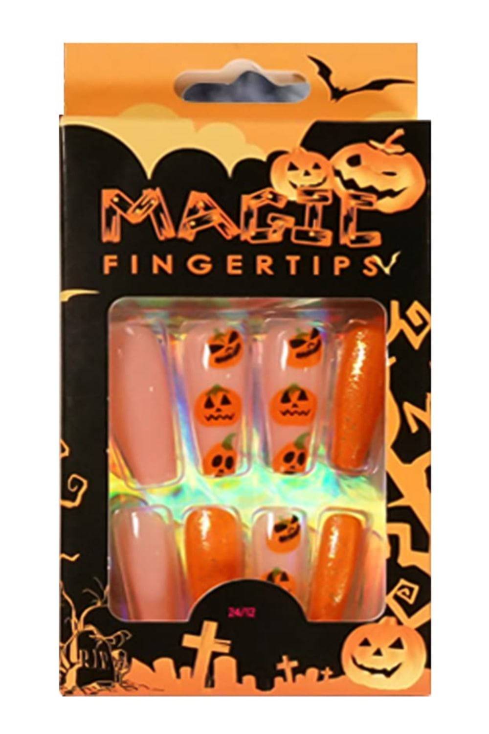 Halloween Press On Nails Orange & Pink Glitter Pumpkin Coffin Tip Nail Kit - TGC Boutique - Halloween Press On Nails