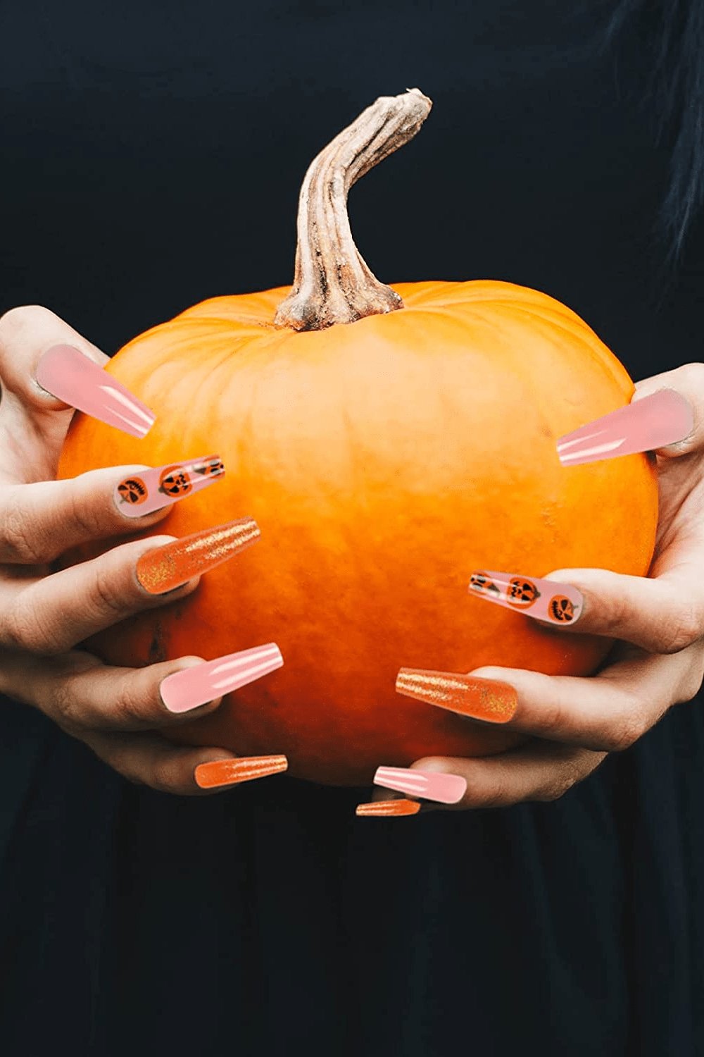 Halloween Press On Nails Orange & Pink Glitter Pumpkin Coffin Tip Nail Kit - TGC Boutique - Halloween Press On Nails