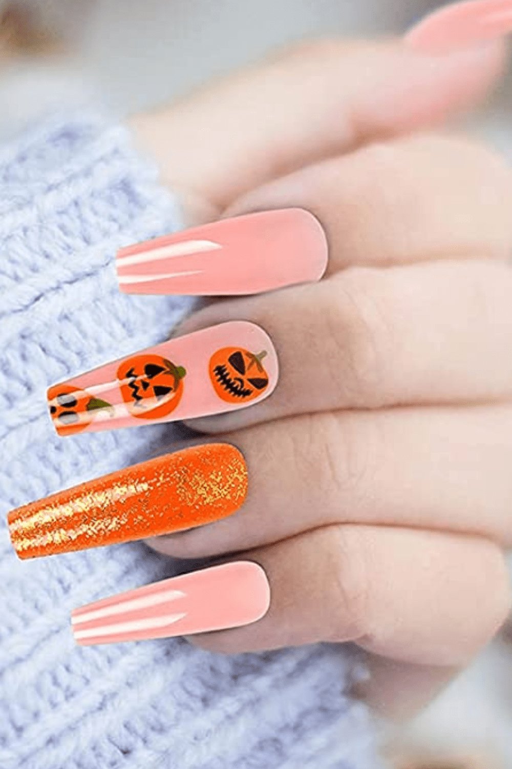 Halloween Press On Nails Orange & Pink Glitter Pumpkin Coffin Tip Nail Kit - TGC Boutique - Halloween Press On Nails