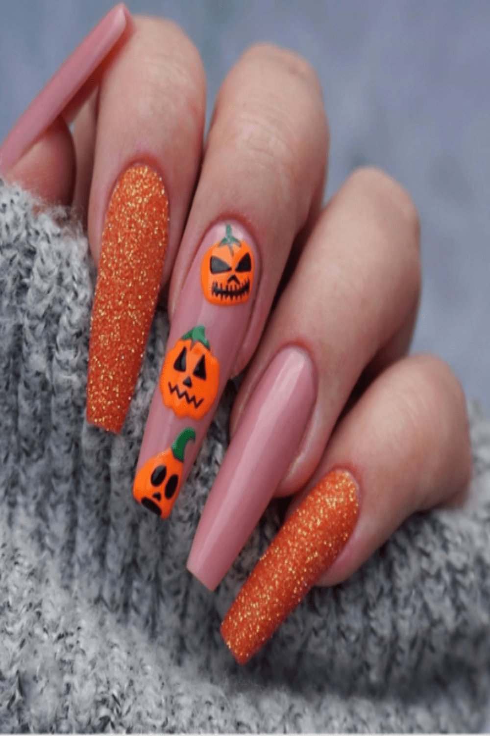 Halloween Press On Nails Orange & Pink Glitter Pumpkin Coffin Tip Nail Kit - TGC Boutique - Halloween Press On Nails