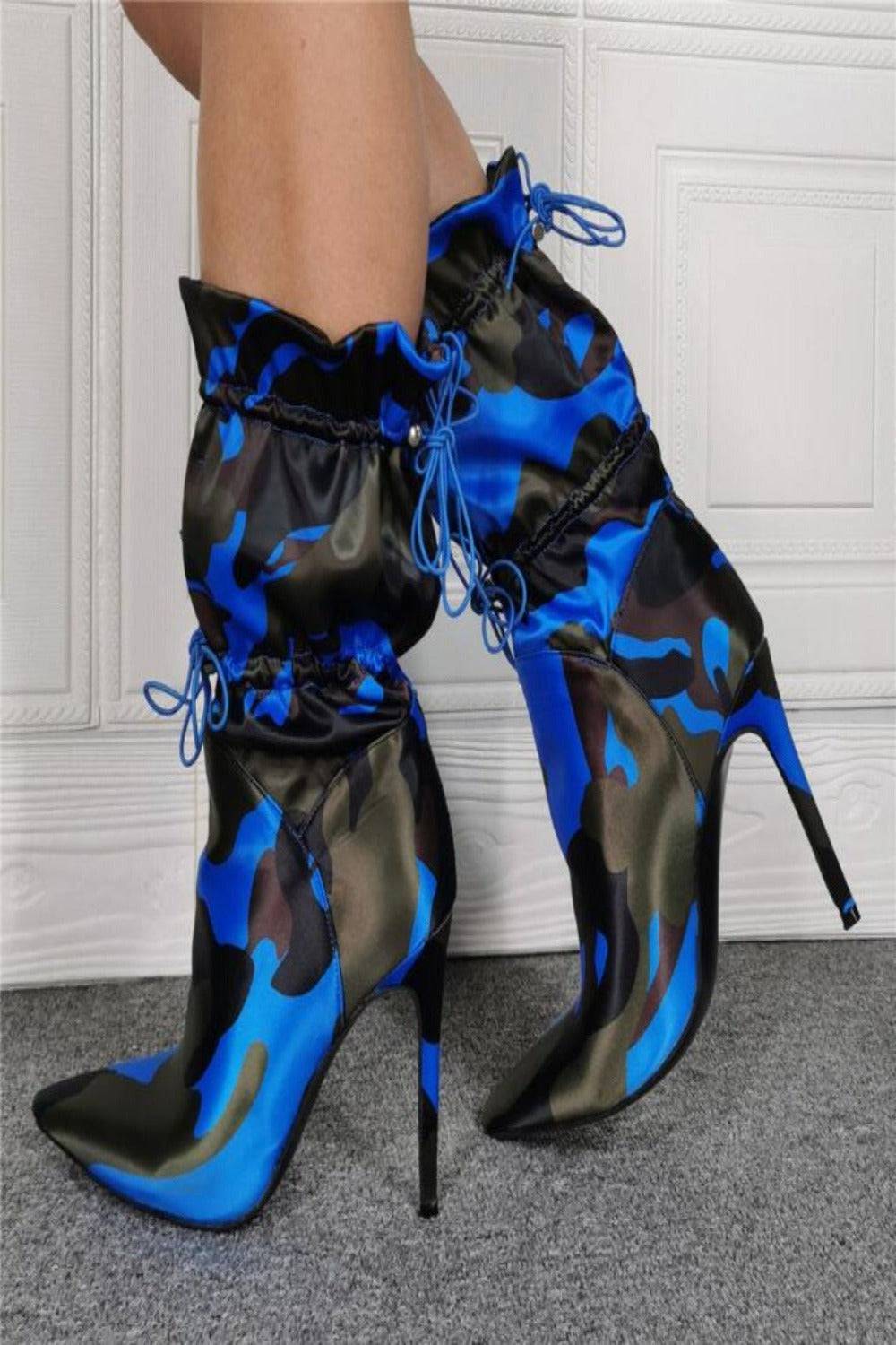 Handmade Camo Lace Up Stiletto High Heel Blue Ankle Boots - TGC Boutique - High Heel Boots