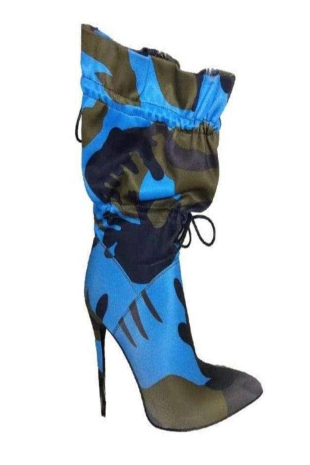 Handmade Camo Lace Up Stiletto High Heel Blue Ankle Boots - TGC Boutique - High Heel Boots