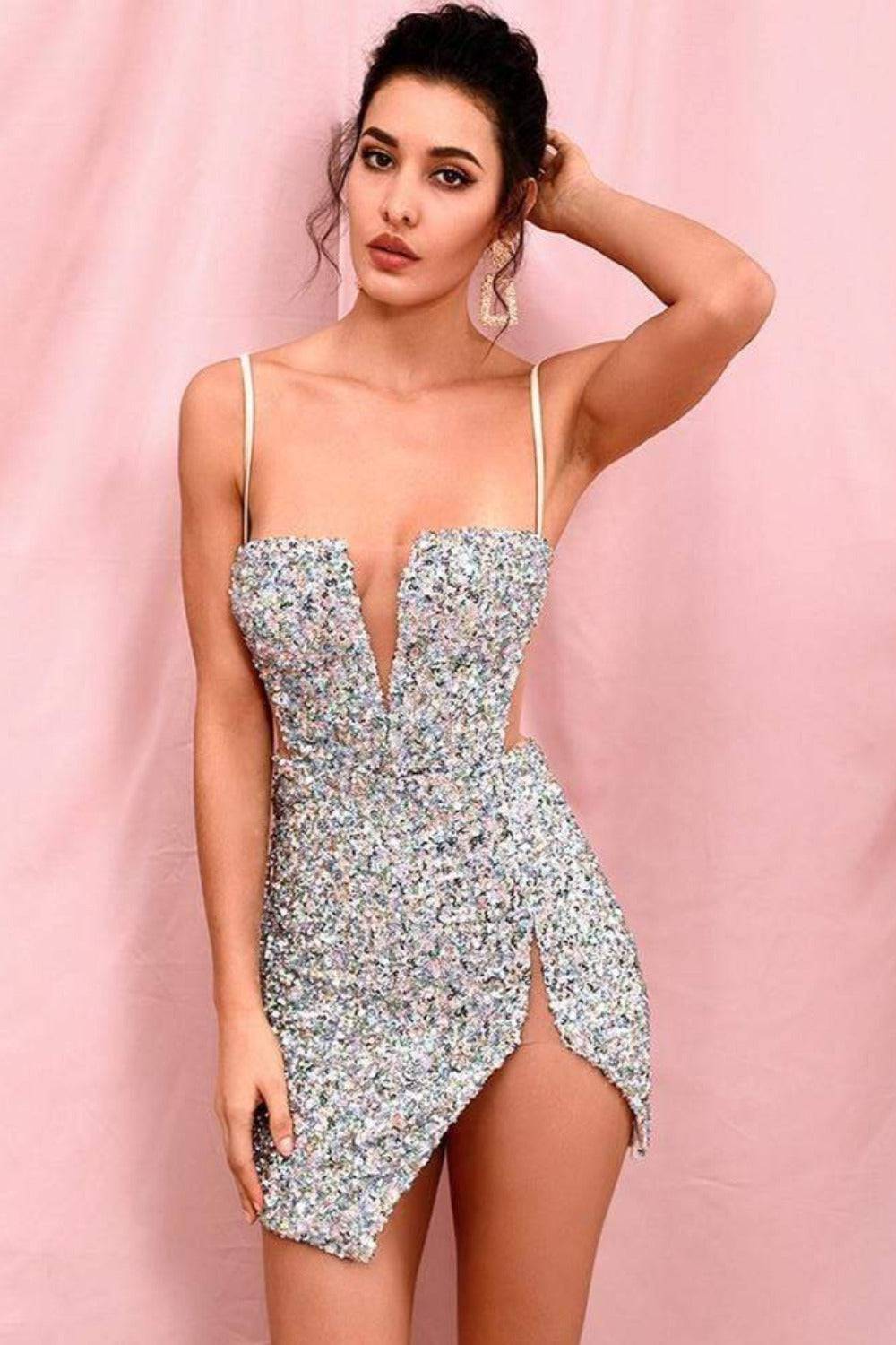 Isabella Cut Out High Slit Sequin Silver Mini Dress - TGC Boutique - Mini Dress