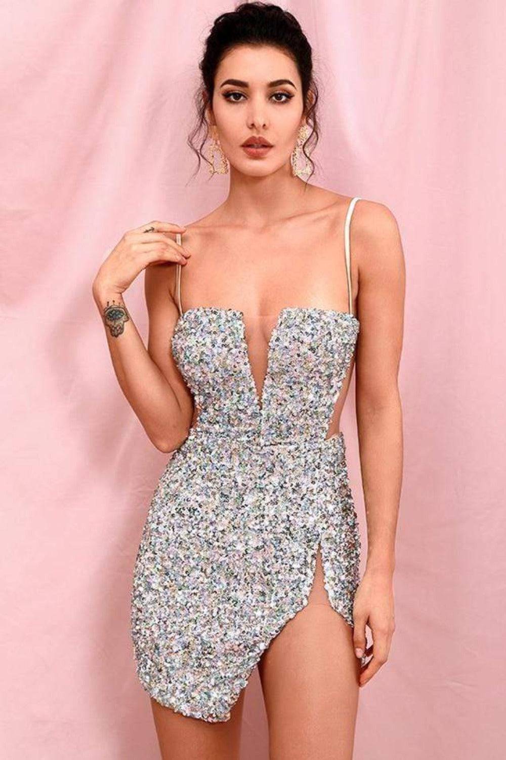 Isabella Cut Out High Slit Sequin Silver Mini Dress - TGC Boutique - Mini Dress