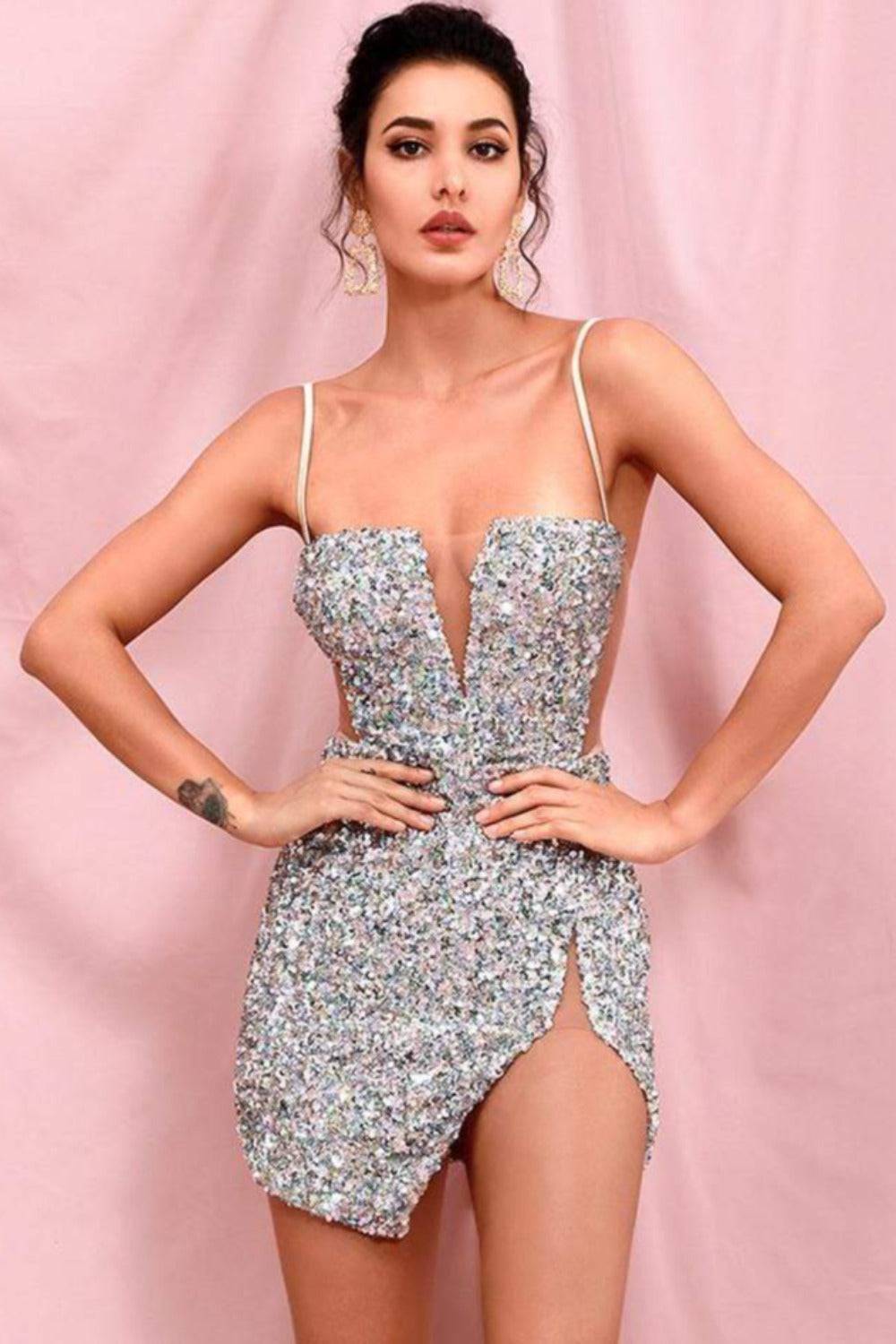 Isabella Cut Out High Slit Sequin Silver Mini Dress - TGC Boutique - Mini Dress