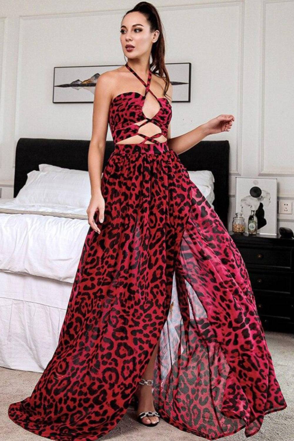 Jennifer Red Leopard Print Cut Out Maxi Dress - TGC Boutique - Leopard Dress