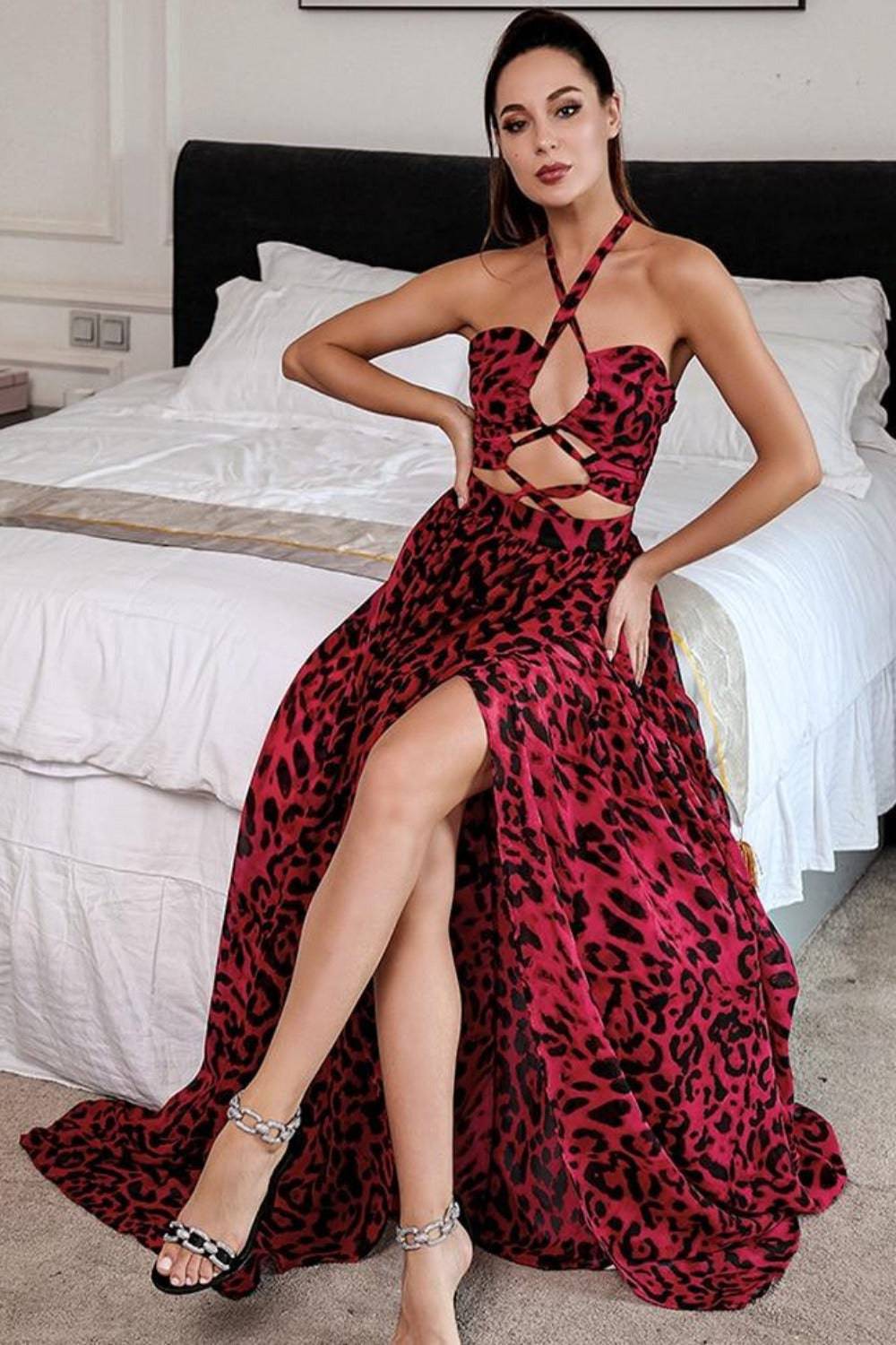 Jennifer Red Leopard Print Cut Out Maxi Dress - TGC Boutique - Leopard Dress