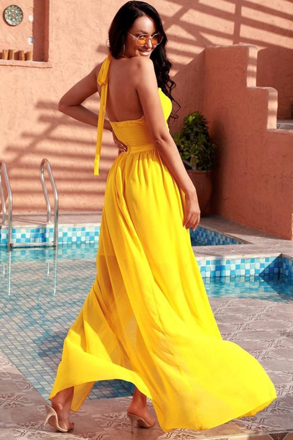 Jennifer Yellow Cut Out Cross Strap Bohemian Beach Maxi Dress - TGC Boutique - Dress