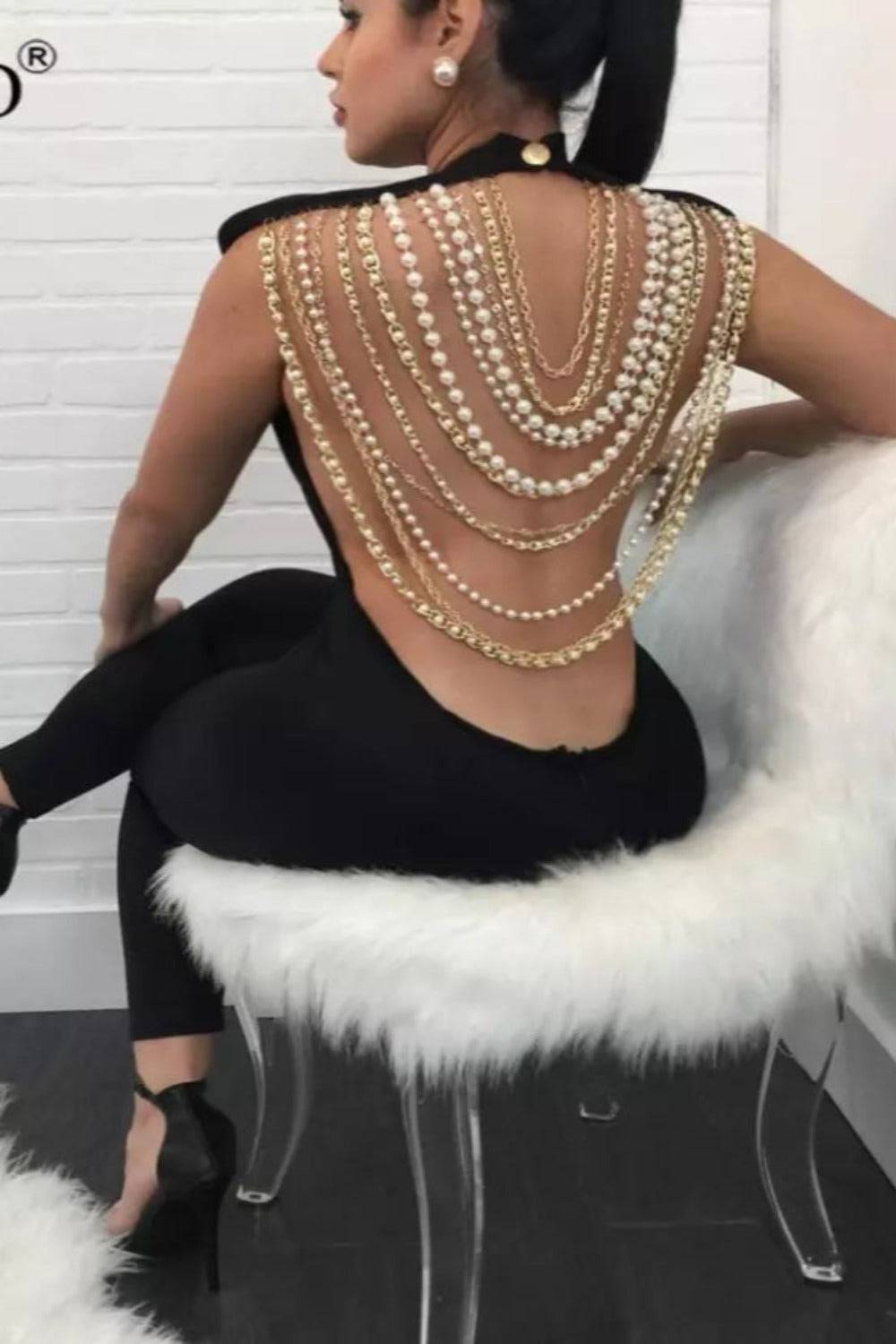 Kendall Pearl Chain Jumpsuit - Black - TGC Boutique - Black Jumpsuits