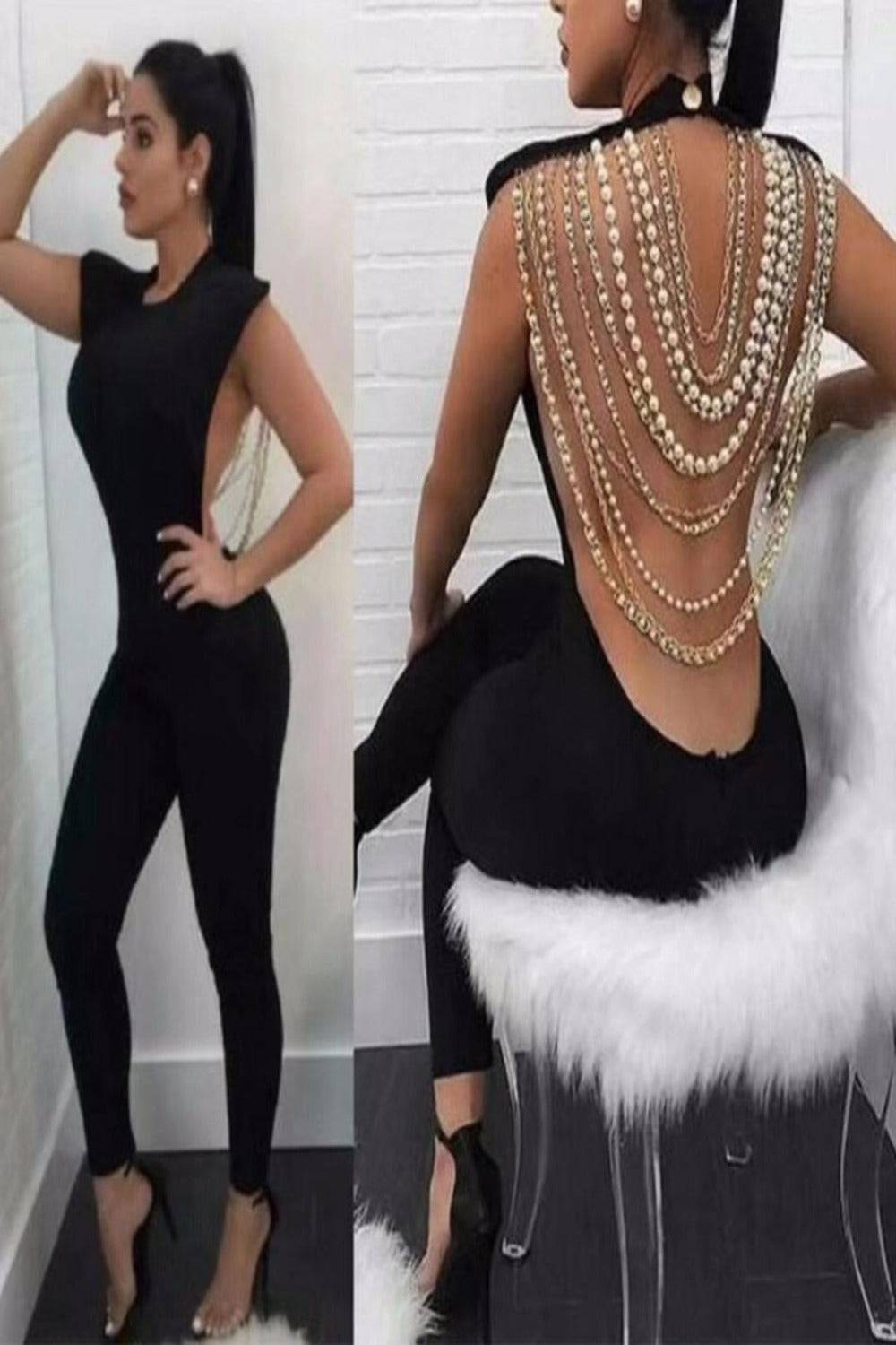 Kendall Pearl Chain Jumpsuit - Black - TGC Boutique - Black Jumpsuits