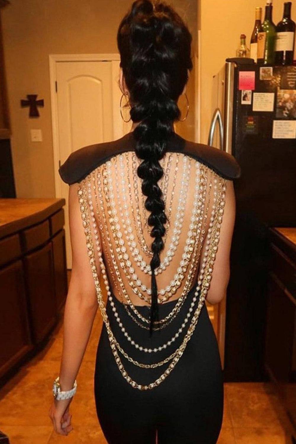 Kendall Pearl Chain Jumpsuit - Black - TGC Boutique - Black Jumpsuits