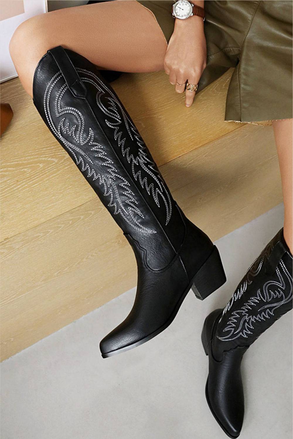 Knee High Black Cowboy Boots - TGC Boutique - Cowboy Boots