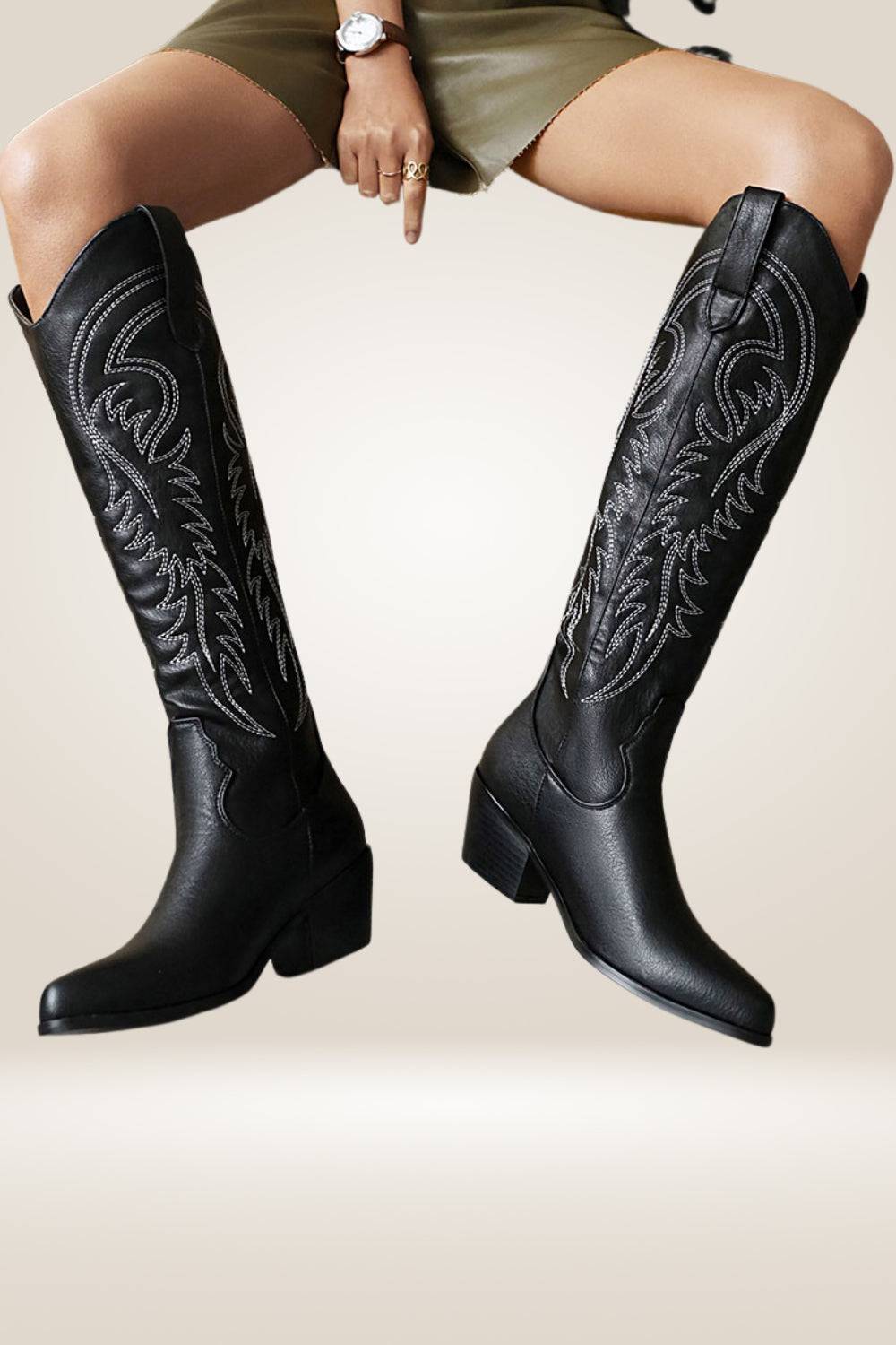 Knee High Black Cowboy Boots - TGC Boutique - Cowboy Boots