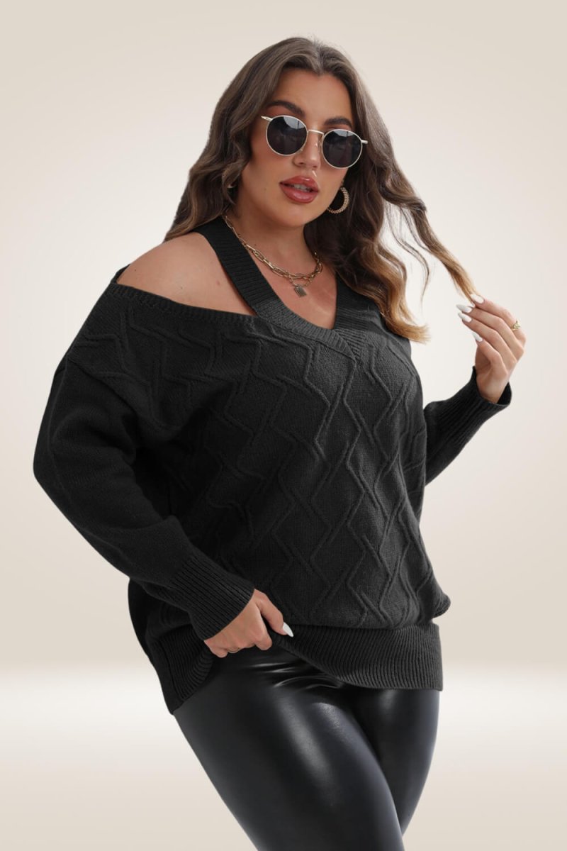 Knitted Off The Shoulder Black Plus Size Sweater - TGC Boutique - Sweater