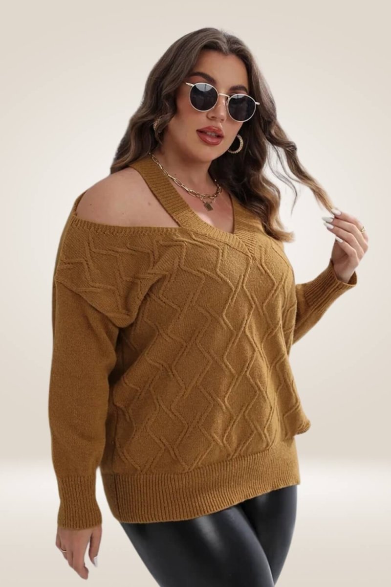 Knitted Off The Shoulder Camel Plus Size Sweater - TGC Boutique - Sweater