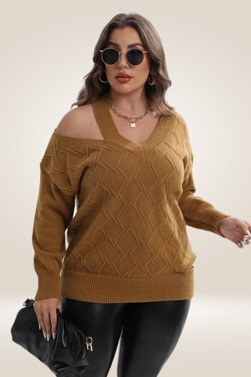 Knitted Off The Shoulder Camel Plus Size Sweater - TGC Boutique - Sweater